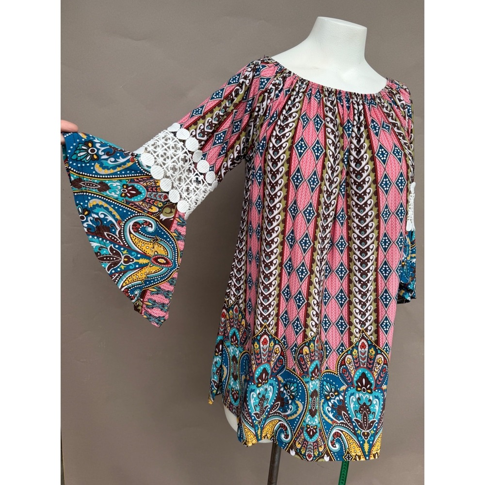 Win Win Womens Top L XL Ruffle Lace Sleeve Tunic Pink Crochet Romantic Boho